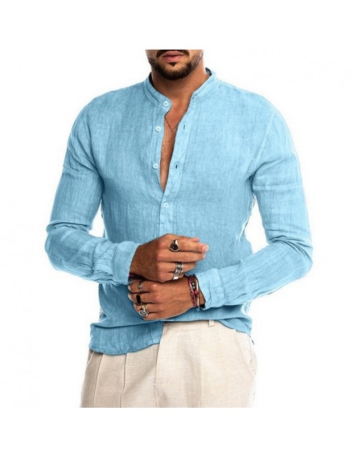 Men's Casual Linen Shirt Band Collar Long Sleeve Button Down Shirt
