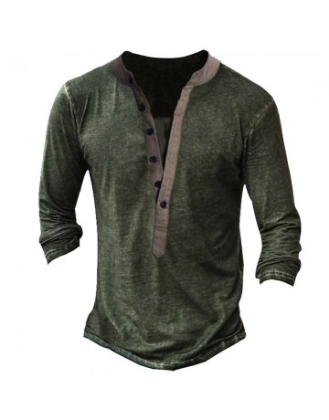 Men Vintage Henley Button Long Sleeve Shirt