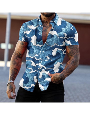Men's Casual Hokage Printed Short Sleeve Shirt Surf Geometric Print Cardigan