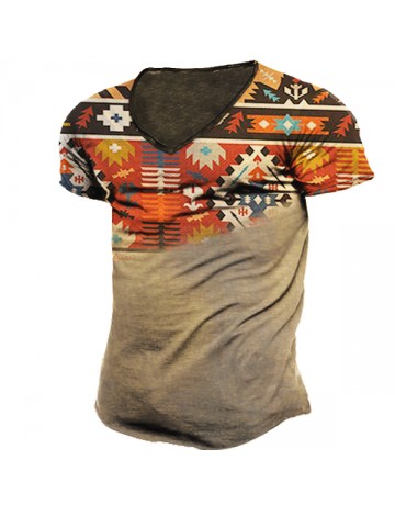 Men's Outdoor Western Ethnic Pattern Tactical V Collar T-shirt