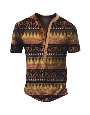 Men's Colorful Tribal Print Short Sleeve Henley Collar T-Shirt