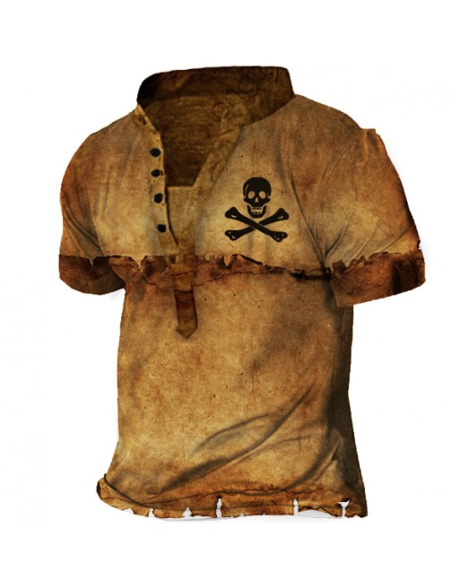 Pirate Skull Men's Vintage Print Henley Short Sleeve T-Shirt