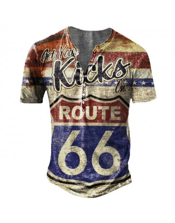 Men's Fashion Route 66 Print Henley T-Shirt