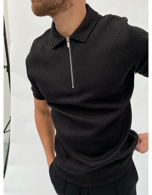 Black And White Herringbone Jacquard Polo Shirt