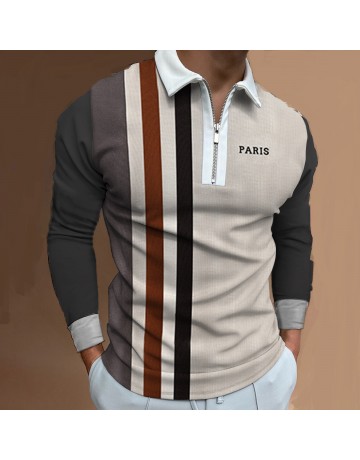 Men's Casual Style Summer Daily Stitching Zipper Design Polo Collar Long-sleeved Polo Shirt