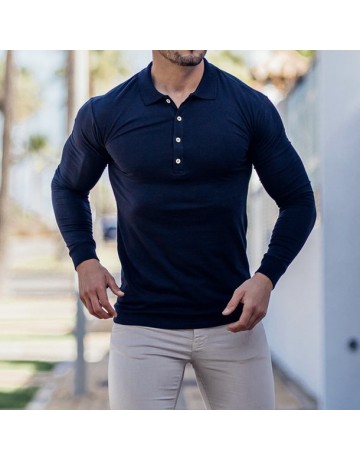 Classic Navy Blue Long Sleeve Button Polo Shirt