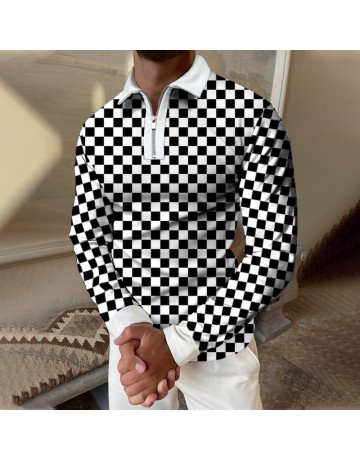 Checkerboard Print Long-sleeved Polo Shirt