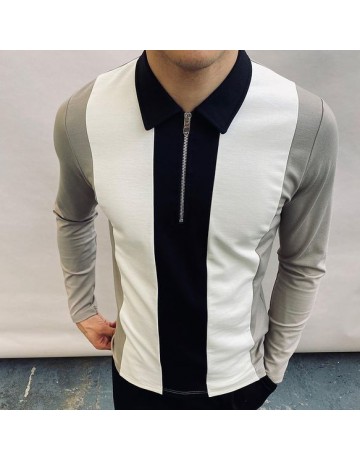 Striped Color-block Long-sleeved Polo Shirt