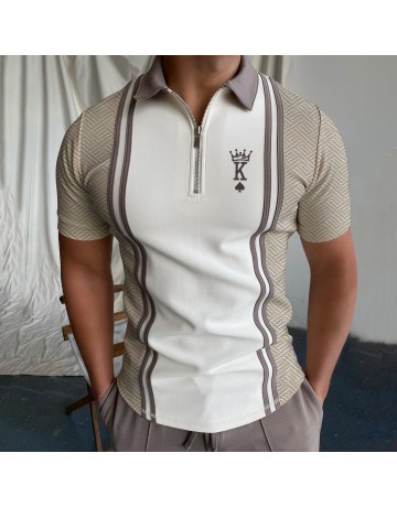Men's Casual King Geometric Pattern Print Short Sleeve Zipper Polo Shirt