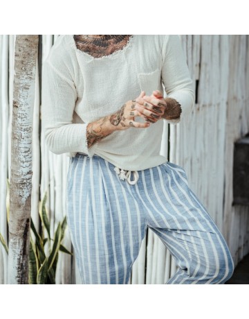 Mens Holiday Linen Navy Striped Trousers
