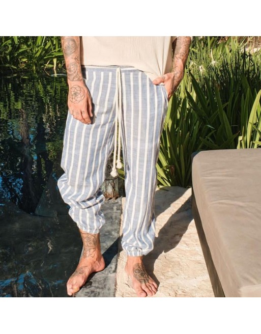 Mens Holiday Linen Navy Striped Trousers